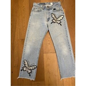 Vtg 1997 Levis 505 USA Made Butterfly Patch Custom Rhinestone Mom Jeans 32x30